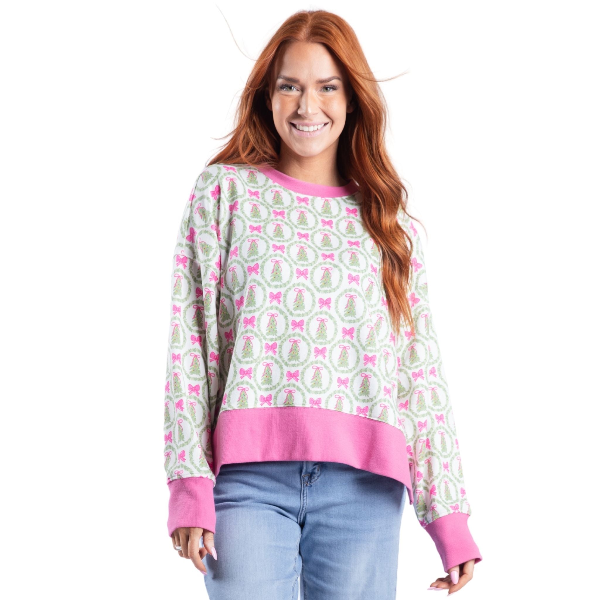 Pink Christmas Cheer White Crew Neck Sweatshirt Assortment, Display Package