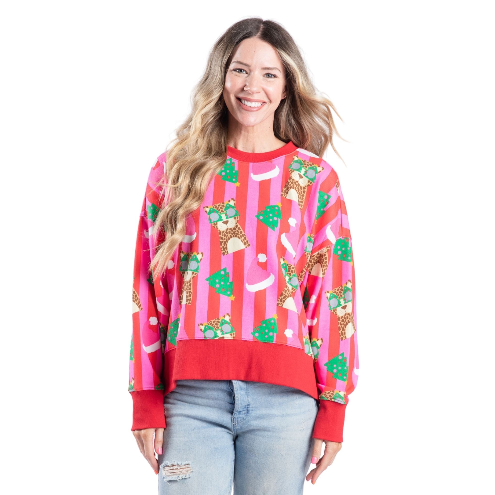 Jolly Jungle Red, Pink Striped Crew Neck Sweatshirt Assortment, No Display Package