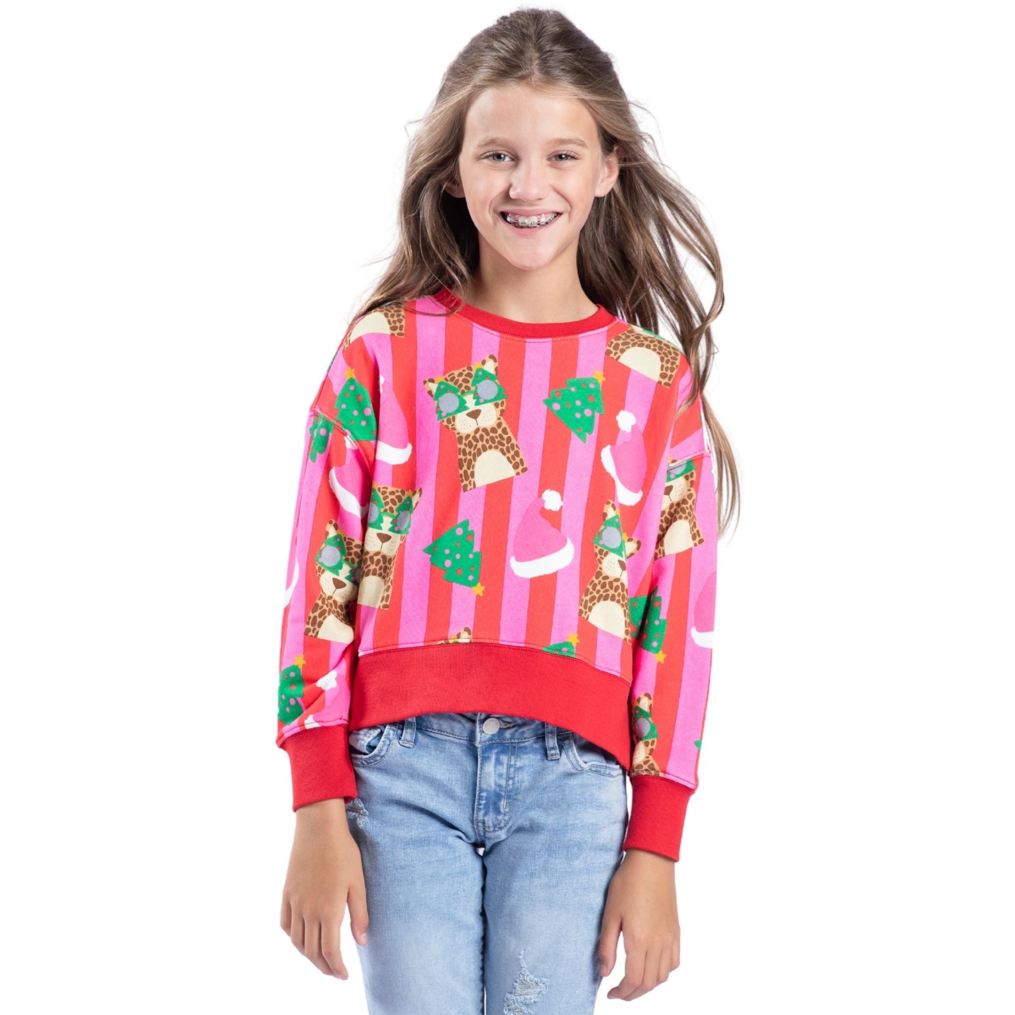 Kids Jolly Jungle Red, Pink Striped Crew Neck Sweatshirt Assortment, Display Package