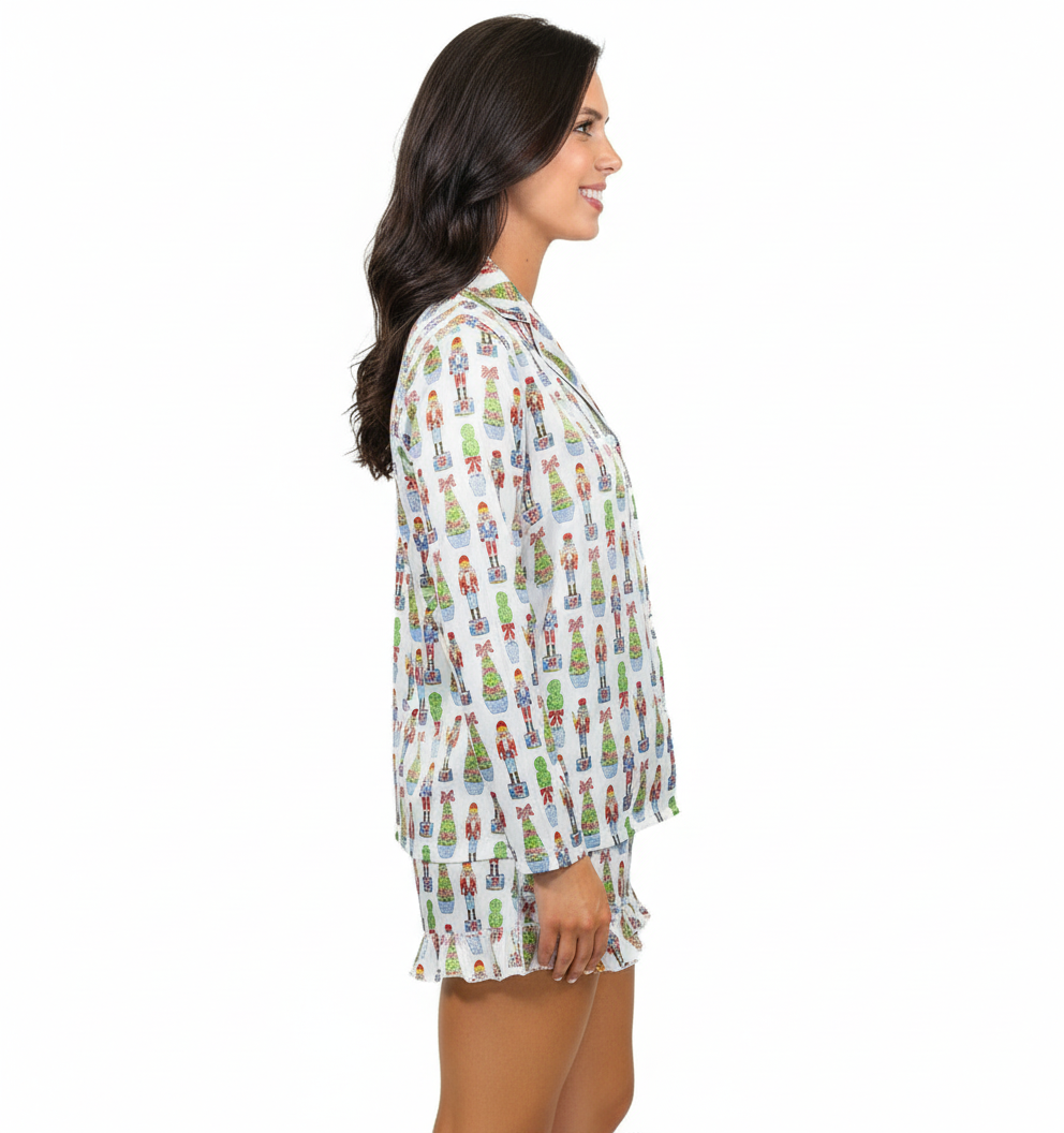 Festive Nutcracker Satin Pajama Long Sleeve Short Set