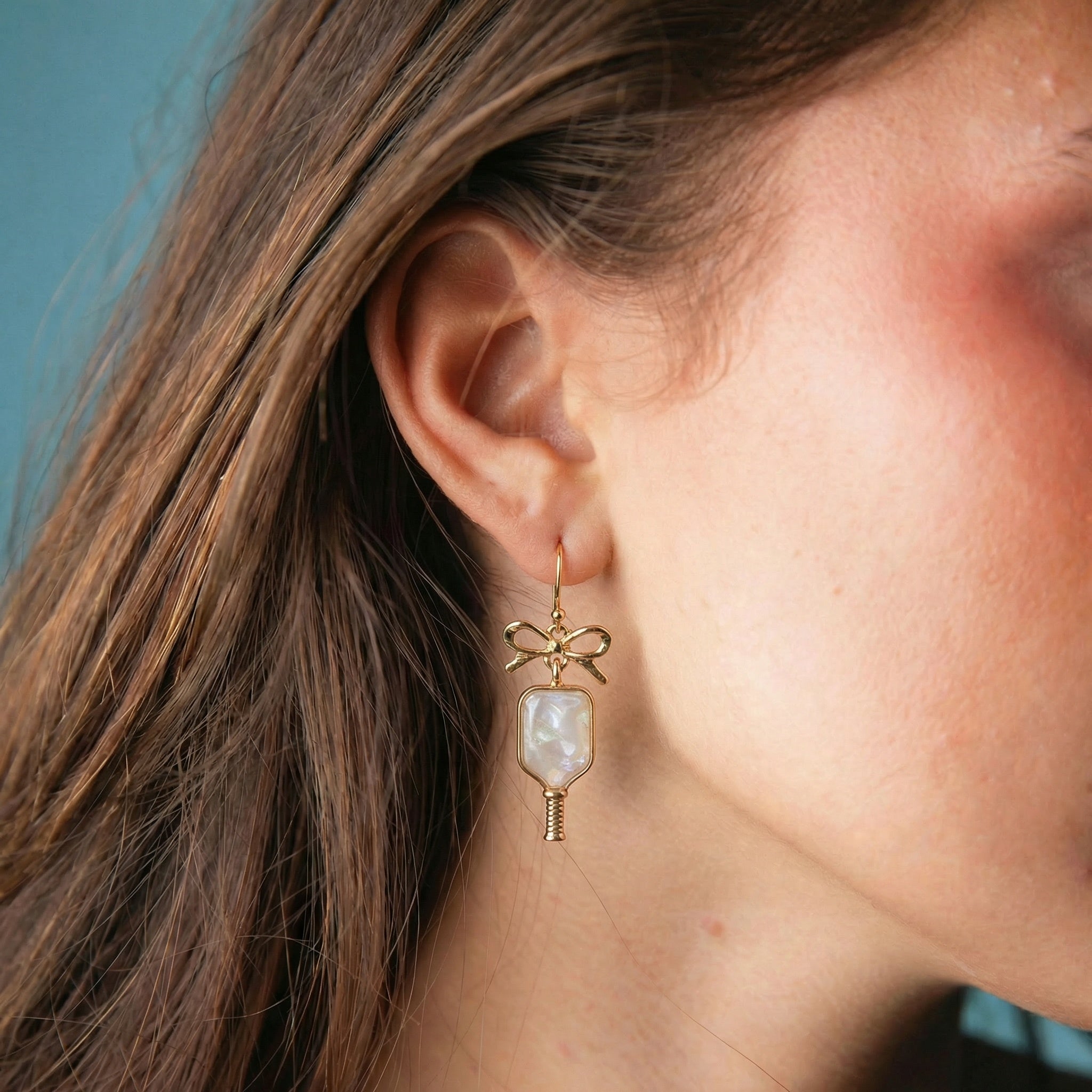 Gold, White Pickleball Paddle Earrings with Bow Post