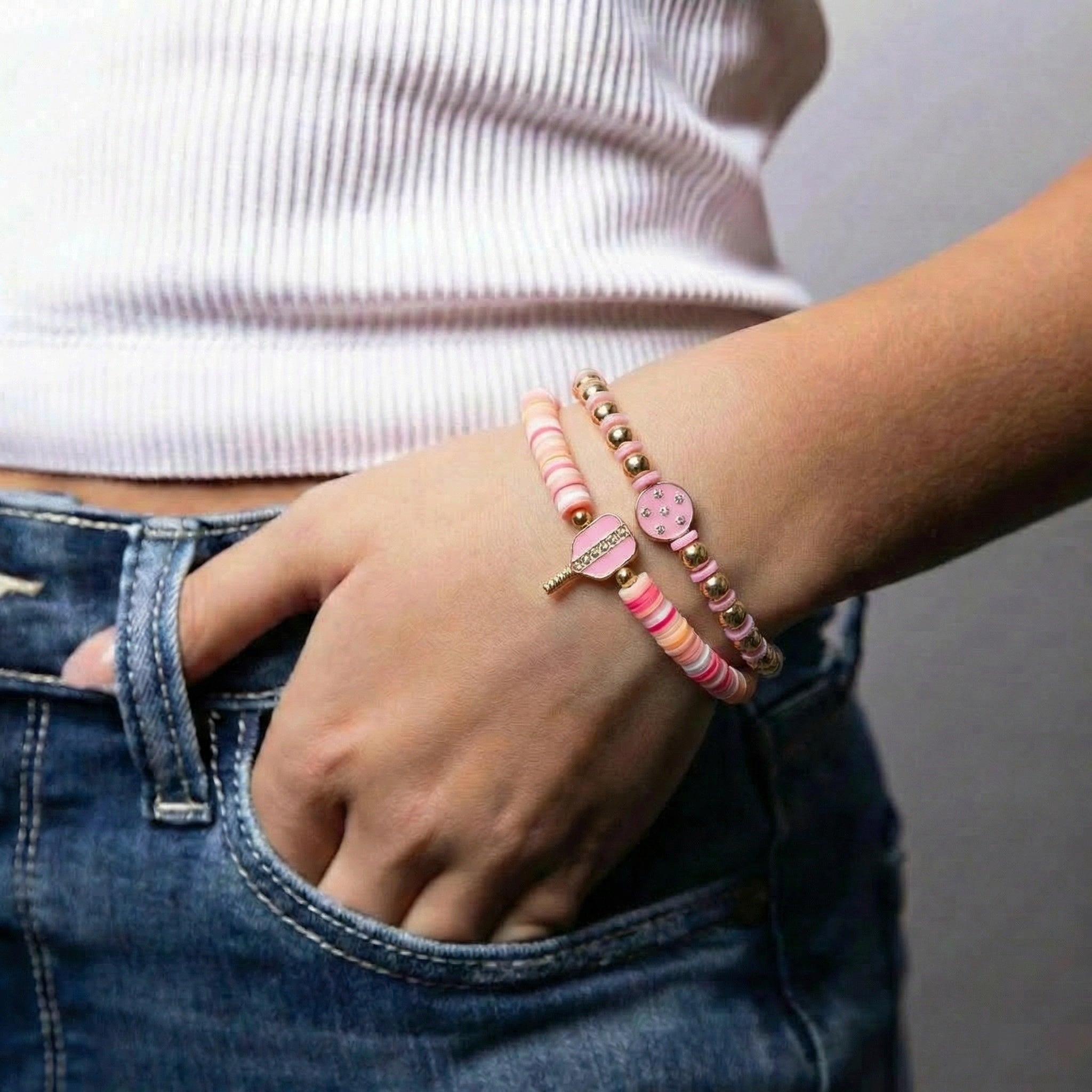 Set of 2 Beaded Stretch Bracelet with Pink Pickleball Paddle & Circle