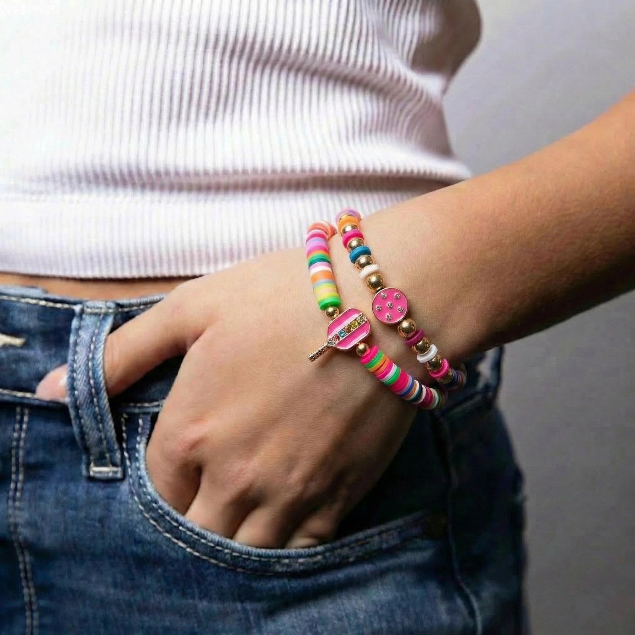 Set of 2 Beaded Stretch Bracelet with Pink Pickleball Paddle & Circle