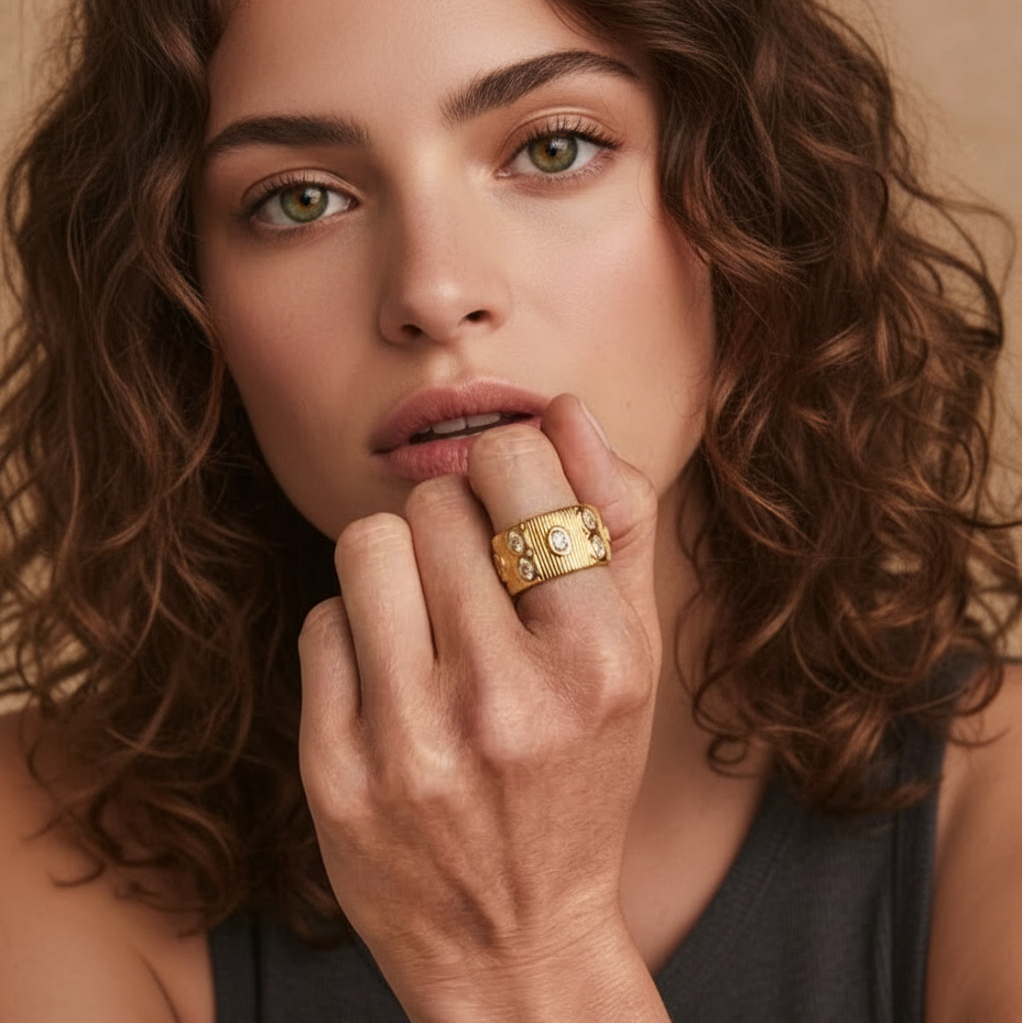 18K Gold Plated Line Textured Band Ring with Clear Multi Crystal Accents