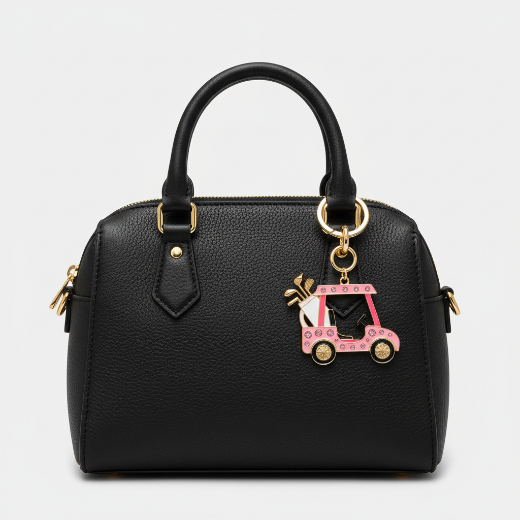 Gold & Pink Enamel Golf Cart Keychain & Bag Charm