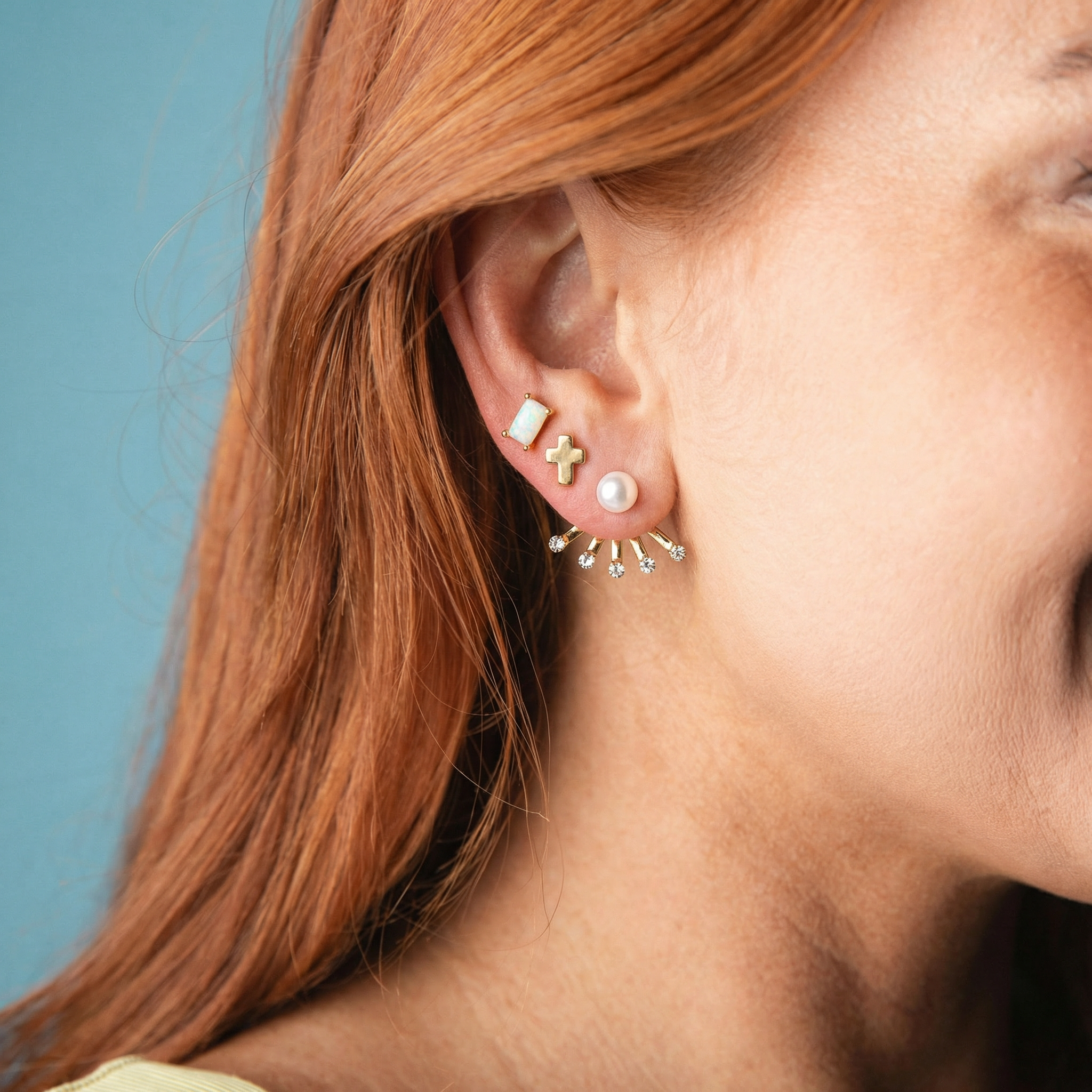 Set of 3 Earrings, Opal Rectangle, Gold Cross, Pearl with Crystal Top Fan Jacket