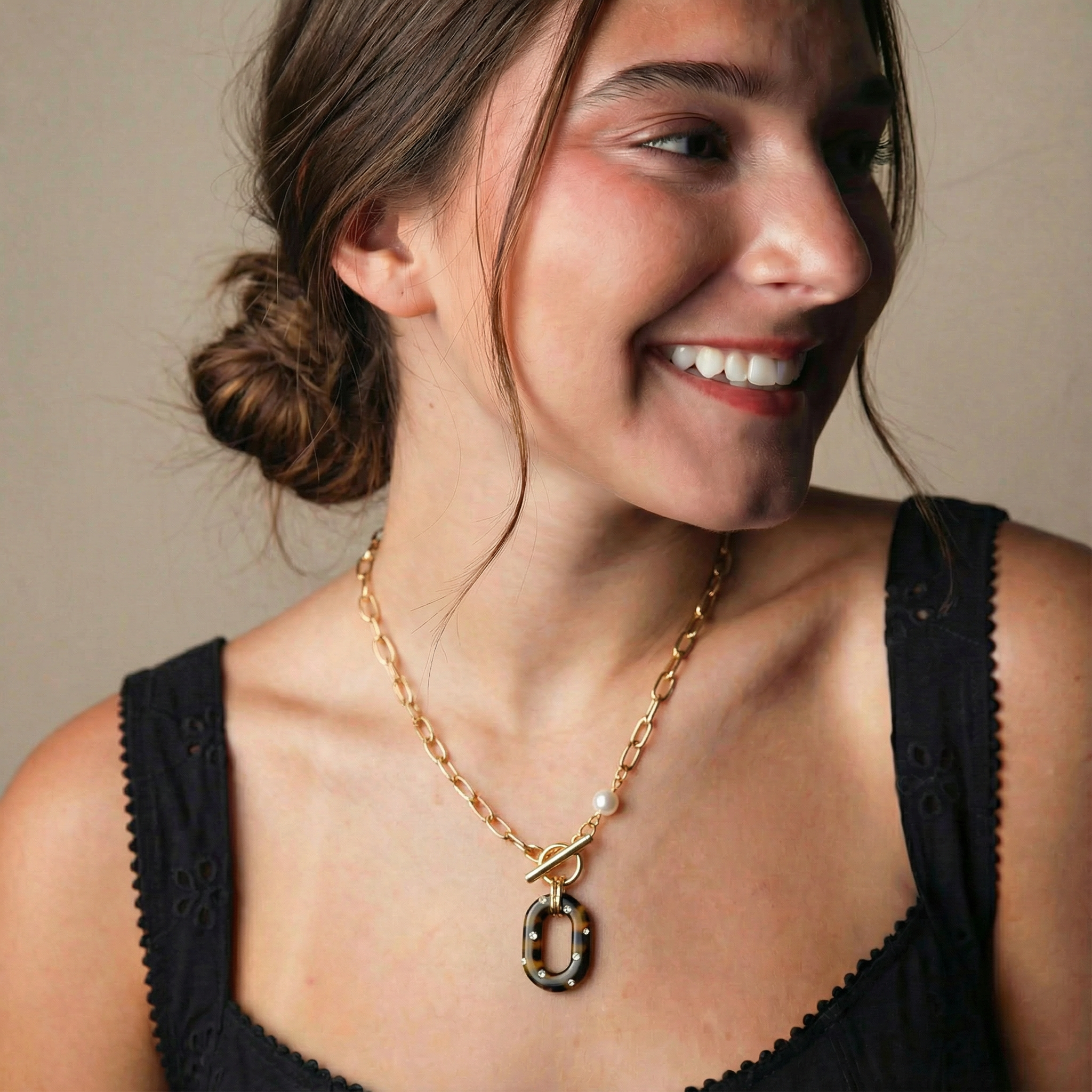 Gold Chain Necklace with Tortoise Oval with Crystals