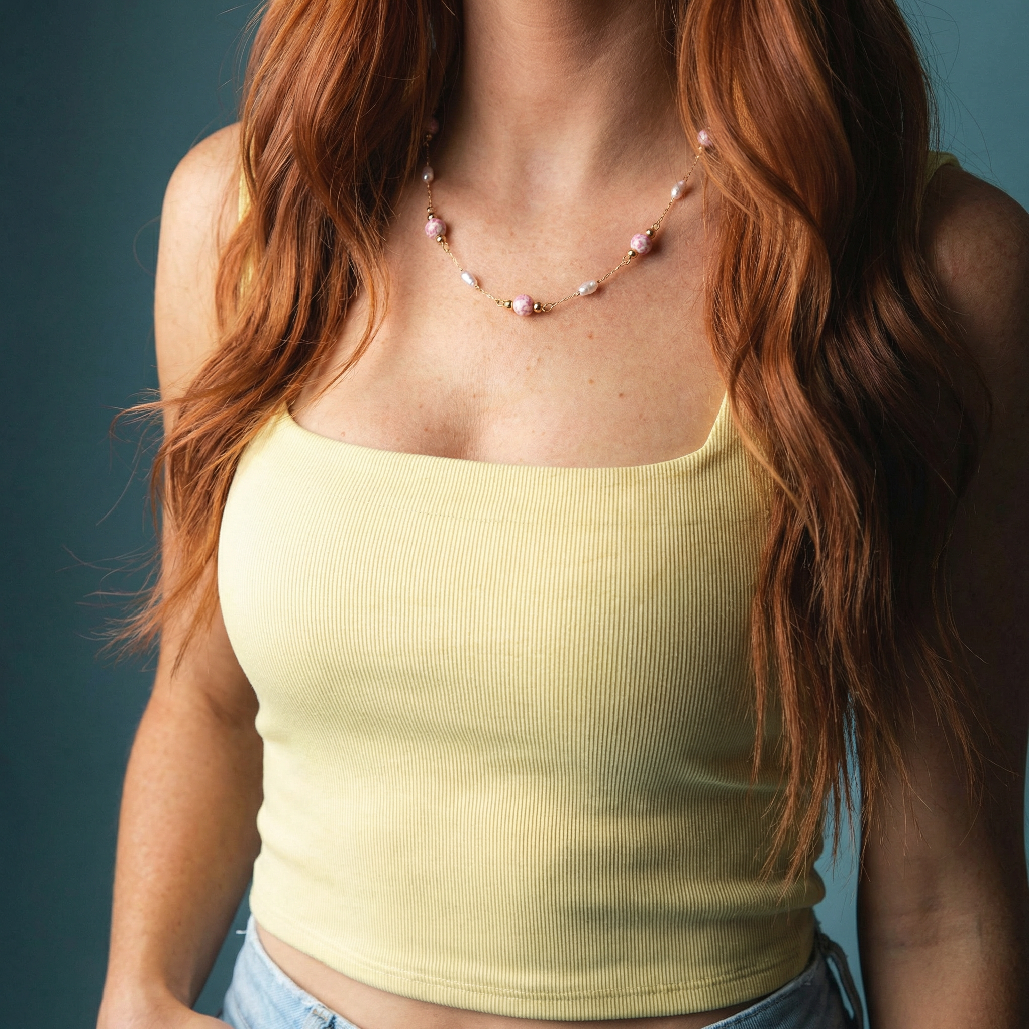 Pink Floral Bead and Pearl Stations Paperclip Necklace